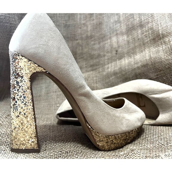 Beige Suede Platform Heels With Gold Glitter Block Heel & Sole Womens Size 6 Sty - Picture 6 of 9